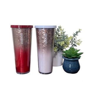 2 Starbucks Holiday Sequined 24oz Tumblers. Rose Gold/White, Rose Gold/Red.